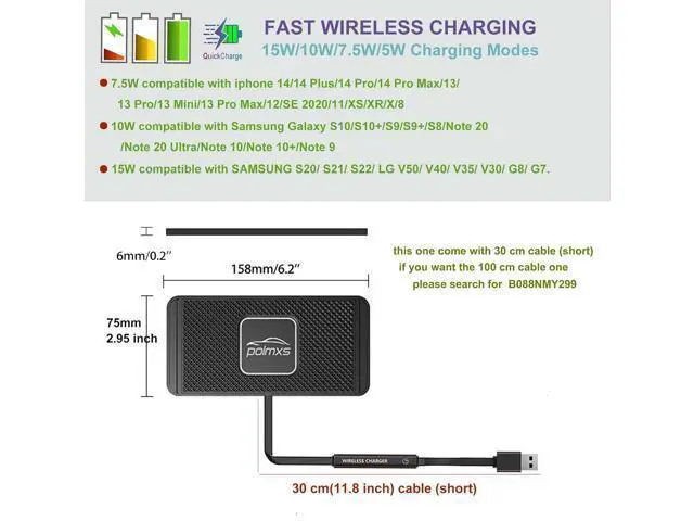 Alt view image 4 of 7 - Wireless Charger Car Charging pad 15W Fast Wireless Phone Charger Non Slip Cell Phone Flat Charging mat Compatible with iPhone 11/12/12/14/15 Galaxy S21/S22/S23/24 NOTE10 (30cm Cable)(C2Y)