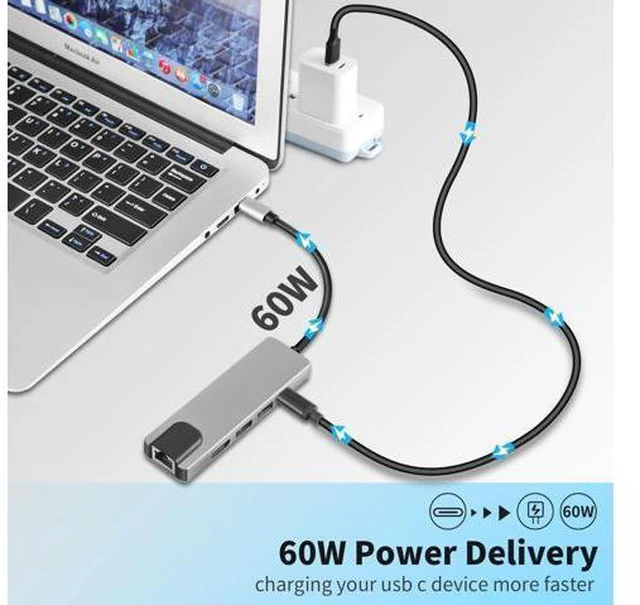 Alt view image 3 of 7 - Longwwin USB C Hub 5-in-1 with HDMI & Ethernet & Power Delivery, 2 USB 3.0 Ports, 1 USB Type C 3.0 Port, 1 HDMI 4K Port, 1 Gigabit Ethernet Port MAC Windows (DUB-M520-US)