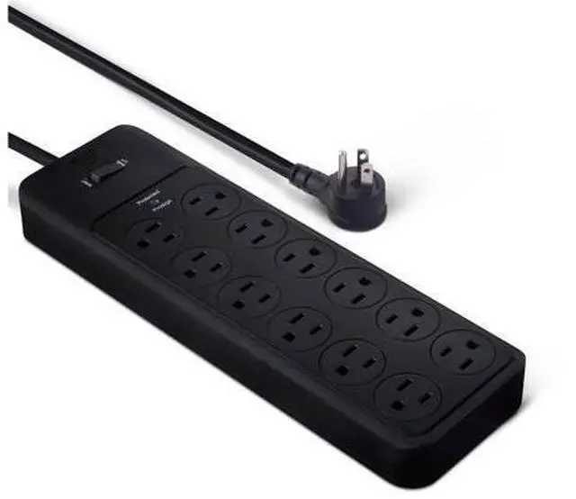 Main image of 12-Outlet Surge Protector Power Strip, 4000 Joules, 8ft Extension Cord, Rectangle, for Home, Office, Gaming Room, Black