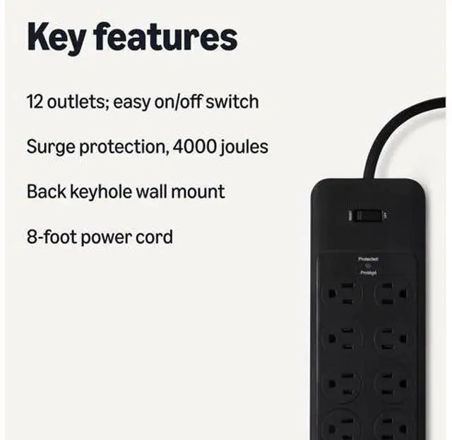 Alt view image 2 of 7 - 12-Outlet Surge Protector Power Strip, 4000 Joules, 8ft Extension Cord, Rectangle, for Home, Office, Gaming Room, Black