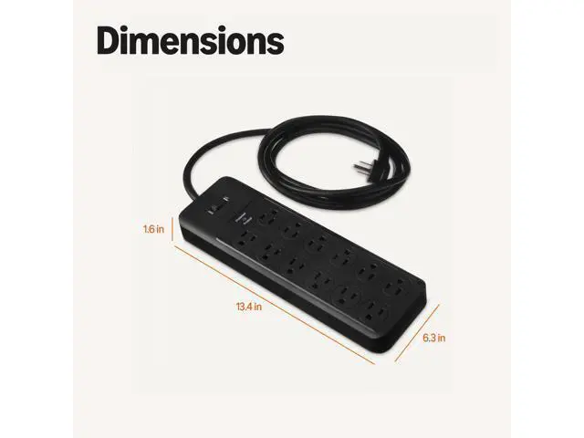 Alt view image 5 of 7 - 12-Outlet Surge Protector Power Strip, 4000 Joules, 8ft Extension Cord, Rectangle, for Home, Office, Gaming Room, Black