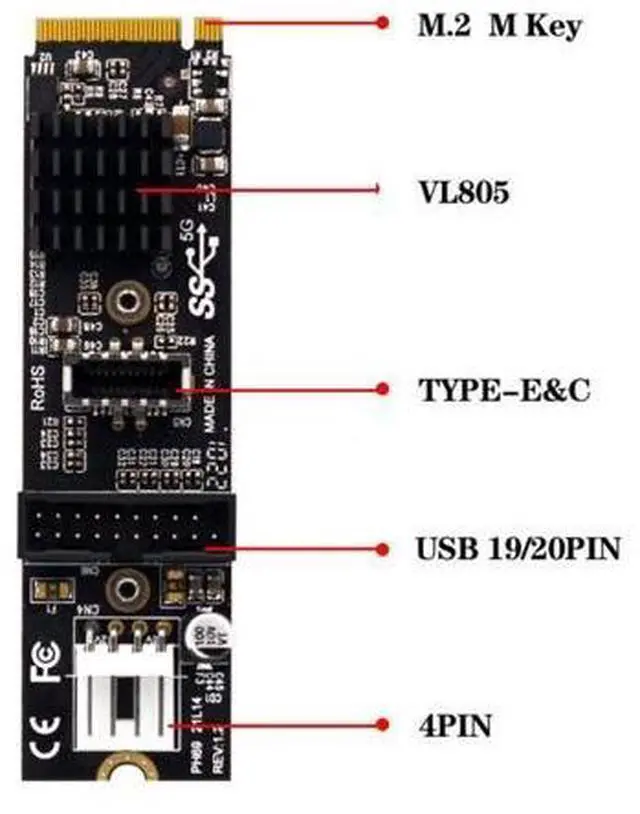 Alt view image 2 of 3 - NVME NGFF M-Key Express Card to Type-E USB 3.1 Front Panel & USB 3.0 20Pin Socket VL805 Adapter for Motherboard