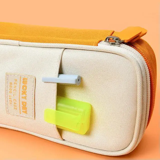 Alt view image 5 of 6 - Canvas Pencil Case Double Layer Large Capacity Stationery Pen Box (Yellow)