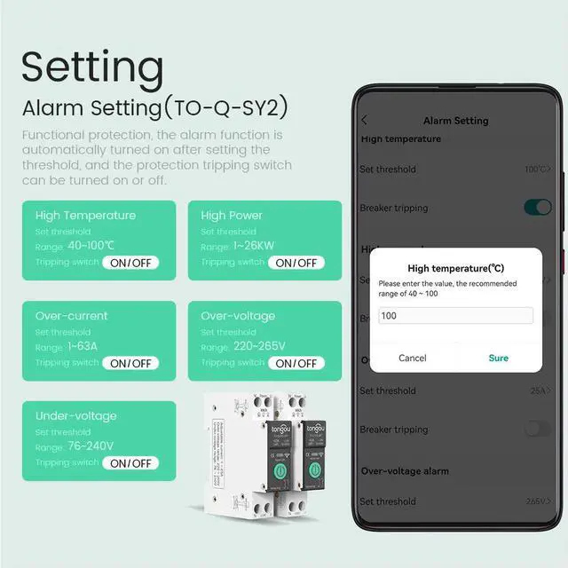 Alt view image 6 of 6 - Tuya Circuit Breaker Switch 1-63A Adjustable Over/Under Voltage Over Current Protector Voice Remote Control