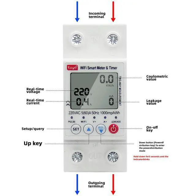 Alt view image 4 of 6 - Tuya 63A 2P Circuit Breaker Switch Earth Leakage Overvoltage and Undervoltage Protector Energy Meter Power kWh Meter