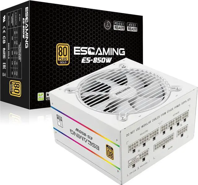 Main image of ESGAMING 850W 80 Plus Gold ATX Gaming Power Supply Fully Modular ATX 3.1 & PCIe 5.1 Ready with 12V-2x6 Cable for High-End GPU - White