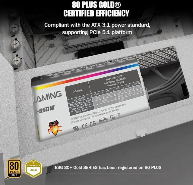 Alt view image 3 of 7 - ESGAMING 850W 80 Plus Gold ATX Gaming Power Supply Fully Modular ATX 3.1 & PCIe 5.1 Ready with 12V-2x6 Cable for High-End GPU - White
