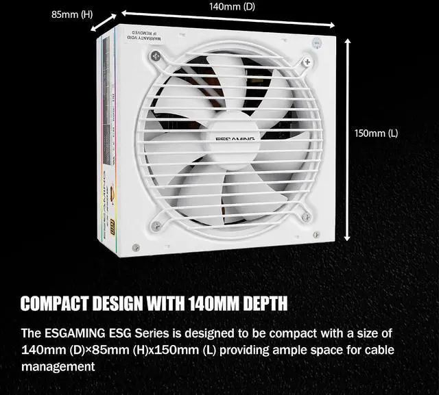 Alt view image 7 of 7 - ESGAMING 850W 80 Plus Gold ATX Gaming Power Supply Fully Modular ATX 3.1 & PCIe 5.1 Ready with 12V-2x6 Cable for High-End GPU - White