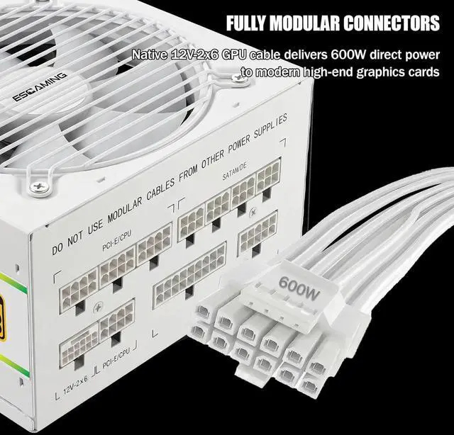 Alt view image 4 of 7 - ESGAMING 850W 80 Plus Gold ATX Gaming Power Supply Fully Modular ATX 3.1 & PCIe 5.1 Ready with 12V-2x6 Cable for High-End GPU - White