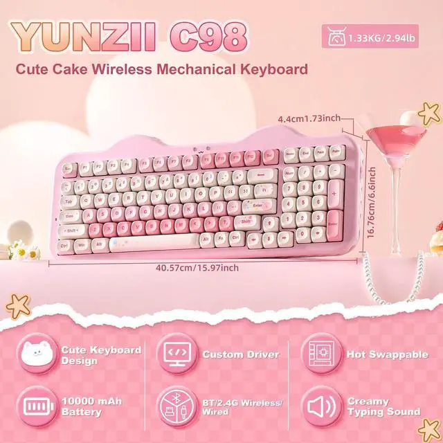Alt view image 2 of 7 - C98 Wireless Mechanical Keyboard with Number Pad,99 Key BT5.0/2.4G/USB-C Hot Swap Gasket Mount with PBT MOA Keycaps,Custom RGB,Cute Cake Keyboard for Win/Mac (Pink, Candy Linear Switch)