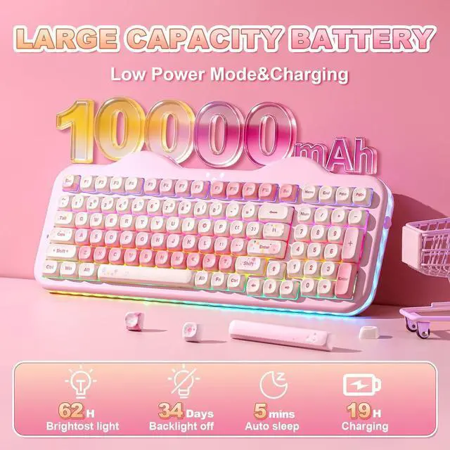 Alt view image 6 of 7 - C98 Wireless Mechanical Keyboard with Number Pad,99 Key BT5.0/2.4G/USB-C Hot Swap Gasket Mount with PBT MOA Keycaps,Custom RGB,Cute Cake Keyboard for Win/Mac (Pink, Candy Linear Switch)