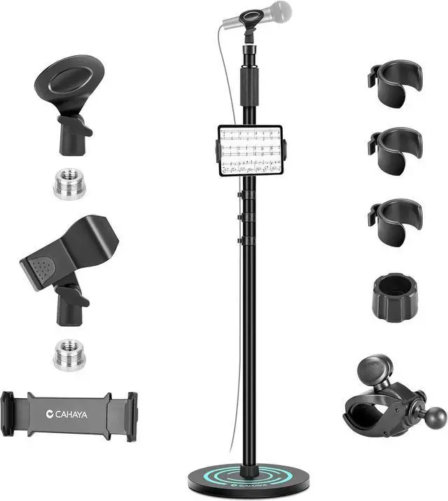 Main image of Mic Stand Floor Detachable - Microphone Stand Heavy Duty with Weighted Round Base Phone Holder and 2 Mic Clips Portable Mic Stands Height Adjustable 50" to 64" for Singing Performance Stage
