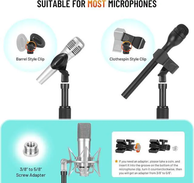 Alt view image 6 of 7 - Mic Stand Floor Detachable - Microphone Stand Heavy Duty with Weighted Round Base Phone Holder and 2 Mic Clips Portable Mic Stands Height Adjustable 50" to 64" for Singing Performance Stage