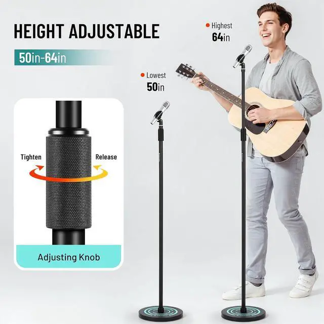 Alt view image 7 of 7 - Mic Stand Floor Detachable - Microphone Stand Heavy Duty with Weighted Round Base Phone Holder and 2 Mic Clips Portable Mic Stands Height Adjustable 50" to 64" for Singing Performance Stage