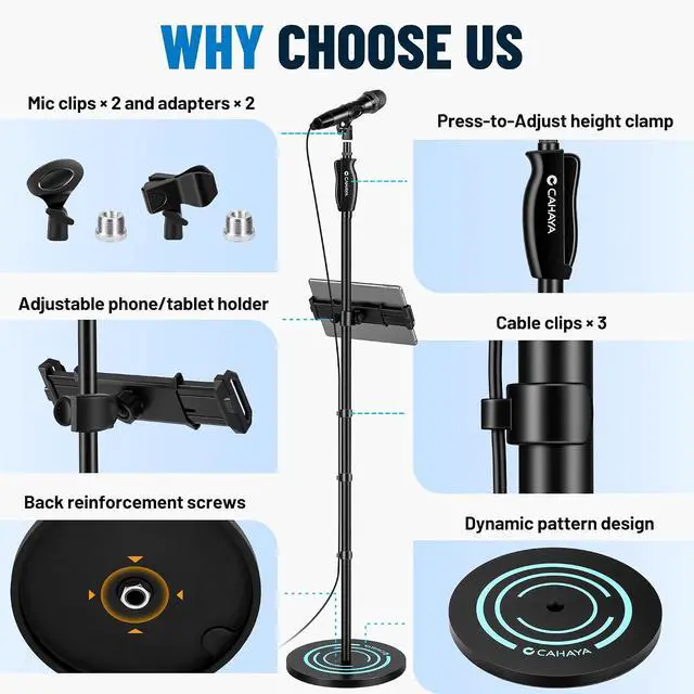 Alt view image 3 of 7 - Microphone Stand Floor Adjustable - Mic Stand Universal with 7.12 lbs Weighted Round Metal Base Mic Stands with Phone Holder Mic Floor Stand with 2 Mic Clips and 3/8'' to 5/8'' Adapter