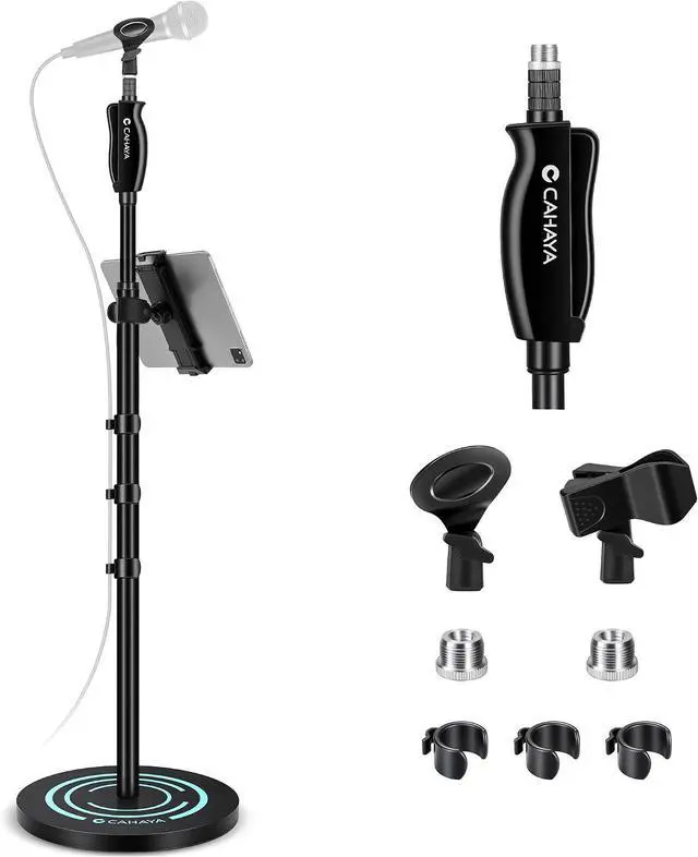 Main image of Microphone Stand Floor Adjustable - Mic Stand Universal with 7.12 lbs Weighted Round Metal Base Mic Stands with Phone Holder Mic Floor Stand with 2 Mic Clips and 3/8'' to 5/8'' Adapter