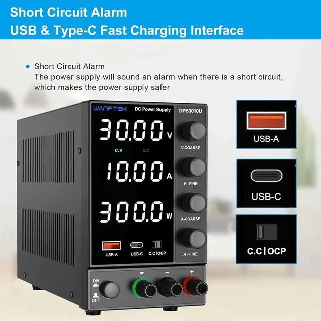 Alt view image 3 of 6 - Adjustable Switching Power Supply (30V 10A) with Encoder Coarse and Fine Adjustment Knobs, with USB and Type-C Fast Charging(DPS3010U)