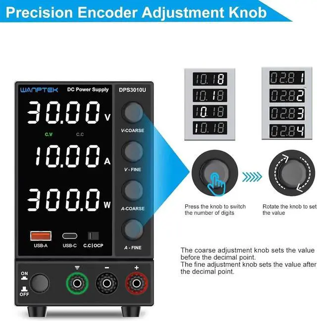Alt view image 5 of 6 - Adjustable Switching Power Supply (30V 10A) with Encoder Coarse and Fine Adjustment Knobs, with USB and Type-C Fast Charging(DPS3010U)