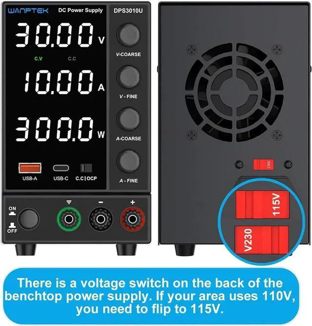 Alt view image 6 of 6 - Adjustable Switching Power Supply (30V 10A) with Encoder Coarse and Fine Adjustment Knobs, with USB and Type-C Fast Charging(DPS3010U)