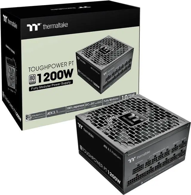 Main image of Thermaltake Toughpower PT 1200W; ATX 3.1; x2 Native PCIe 5.1 12V-2x6; Etched Flat Cables; Dual-Color H++ Connectors; 100% Japanese Capacitors; 135mm Fan; 80 Plus Platinum; Black; PS-TPP-1200FNFAPU-1
