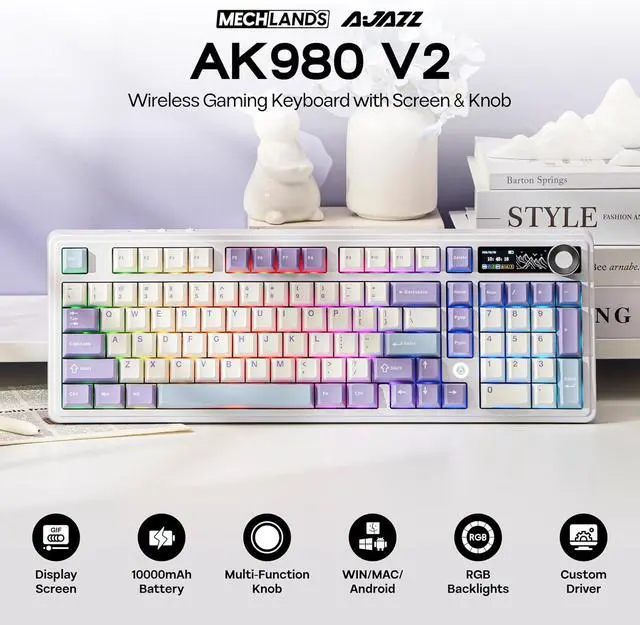Alt view image 2 of 7 - MechLands AJAZZ AK980 V2 Mechanical Gaming Keyboard with Display Screen, 10000mAh Battery, 98% Wireless Keyboard with BT/USB-C/2.4GHz, Hot Swappable, Linear Switch, Knob, RGB for Win/Mac (White)