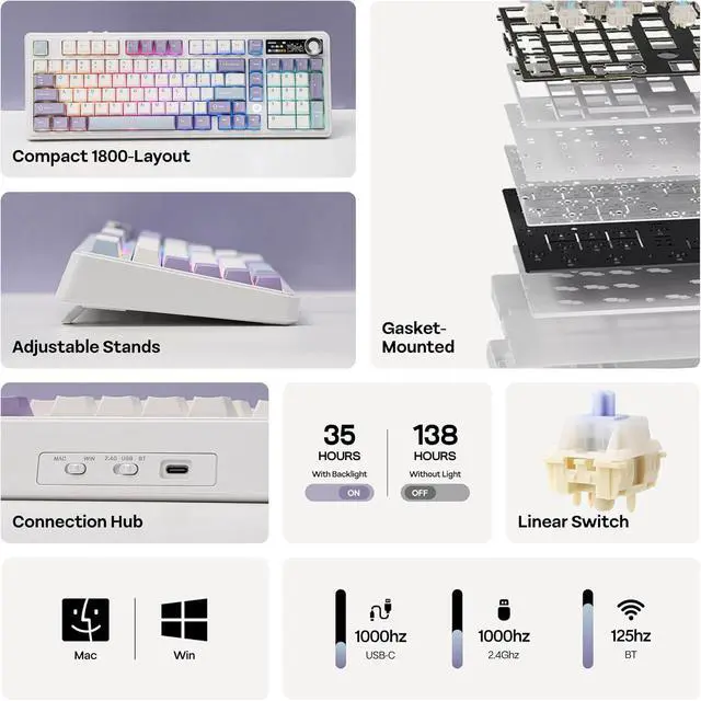 Alt view image 3 of 7 - MechLands AJAZZ AK980 V2 Mechanical Gaming Keyboard with Display Screen, 10000mAh Battery, 98% Wireless Keyboard with BT/USB-C/2.4GHz, Hot Swappable, Linear Switch, Knob, RGB for Win/Mac (White)