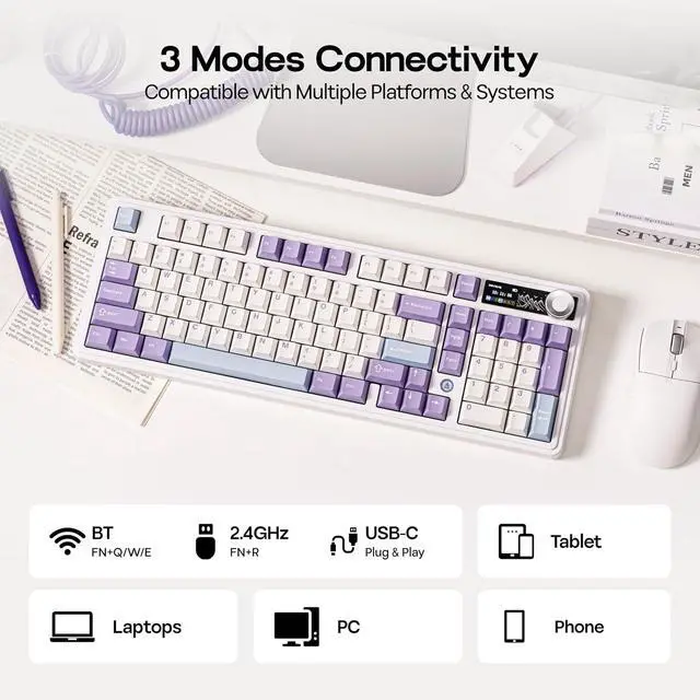 Alt view image 5 of 7 - MechLands AJAZZ AK980 V2 Mechanical Gaming Keyboard with Display Screen, 10000mAh Battery, 98% Wireless Keyboard with BT/USB-C/2.4GHz, Hot Swappable, Linear Switch, Knob, RGB for Win/Mac (White)