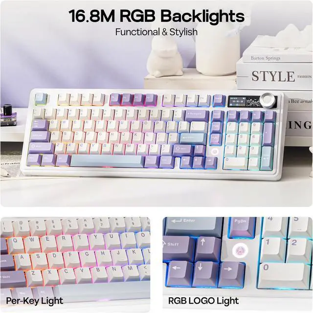 Alt view image 6 of 7 - MechLands AJAZZ AK980 V2 Mechanical Gaming Keyboard with Display Screen, 10000mAh Battery, 98% Wireless Keyboard with BT/USB-C/2.4GHz, Hot Swappable, Linear Switch, Knob, RGB for Win/Mac (White)