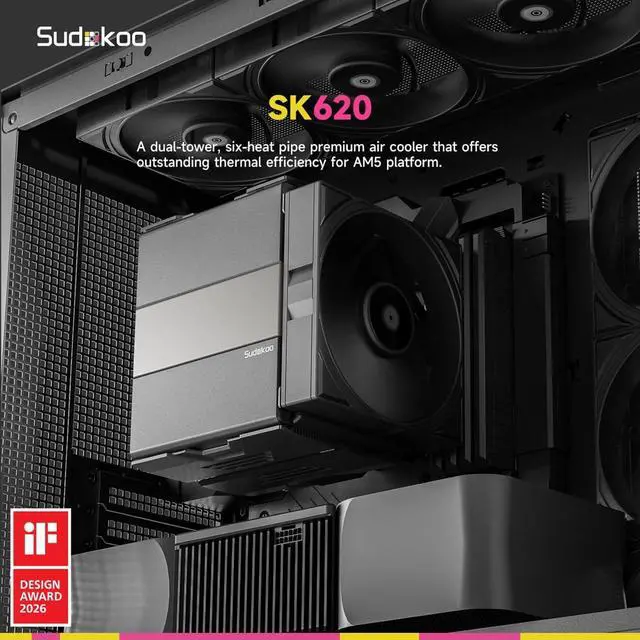 Alt view image 2 of 7 - Sudokoo SK620 AM5 Air Cooler: 6 Heatpipes Dual Tower CPU Cooler for AM5 Exclusive - PC Cooler with 120mm FDB PWM Quiet Fans & Quick Lock Mount