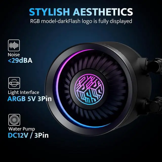 Alt view image 2 of 7 - DN360A AIO CPU Liquid Cooler, High-Performance Pump, ARGB Sync, PWM Fans, with Customizable Logo Display, Compatible with 1851/1700, AM4/AM5 (Black, 360mm AIO)