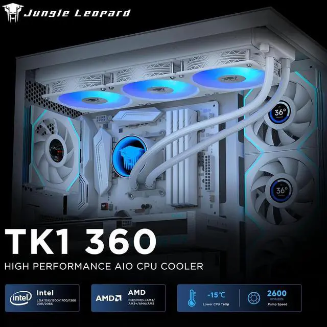 Alt view image 2 of 7 - Jungle Leopard TK1 360mm ARGB White AIO CPU Cooler-Water Liquid Cooling System,Infinite Mirror,PWM 2000RPM Cooler Fans for AMD FM2/FM2+/AM3+/AM4/AM5,Intel LGA115X/1200/1700/1366/2011/2066 (White)