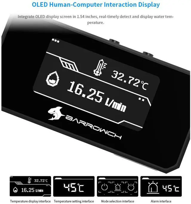 Alt view image 2 of 7 - G1/4" Digital Flow Temperature Monitor with OLED Display for PC Water Cooling Real-Time Coolant Flow/Temp Sensor, Overheat Alarm & Auto-Shutdown Protection, White