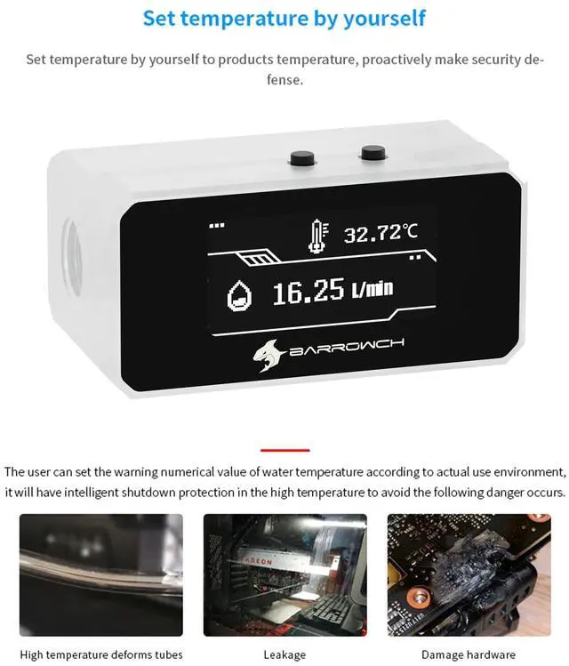 Alt view image 4 of 7 - G1/4" Digital Flow Temperature Monitor with OLED Display for PC Water Cooling Real-Time Coolant Flow/Temp Sensor, Overheat Alarm & Auto-Shutdown Protection, White