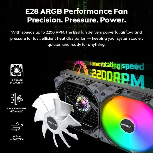 Alt view image 3 of 7 - MONTECH HyperFlow Digital 240 CPU Liquid Cooler, 240mm AIO with 3100RPM Pump, 2×120mm E28 ARGB Fans, Real-Time Digital Display, Intel & AMD Support (Black)