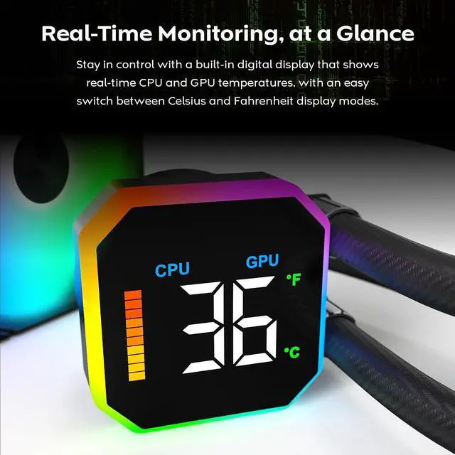 Alt view image 2 of 7 - MONTECH HyperFlow Digital 240 CPU Liquid Cooler, 240mm AIO with 3100RPM Pump, 2×120mm E28 ARGB Fans, Real-Time Digital Display, Intel & AMD Support (Black)