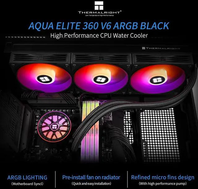Alt view image 2 of 6 - Thermalrlght Aqua Elite 360 V6 ARGB Black AIO CPU Cooler, ARGB PWM Cooler Fans with 2000RPM, for Intel Lga1150/1151/1155/1156/1200/2011/1700/1851, AMD: AM4/AM5, Case 360mm AIO Radiator
