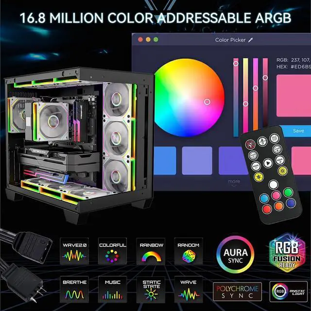 Alt view image 5 of 7 - FB120 3 Pack 120mm ARGB PC Cooling Fans - 16.8M Colors & Remote, Infinite Mirror Reverse Fans, PWM Speed Control, High Airflow, Wireless Splicing/Daisy-Chain, Quiet Case Fans for Gaming PC