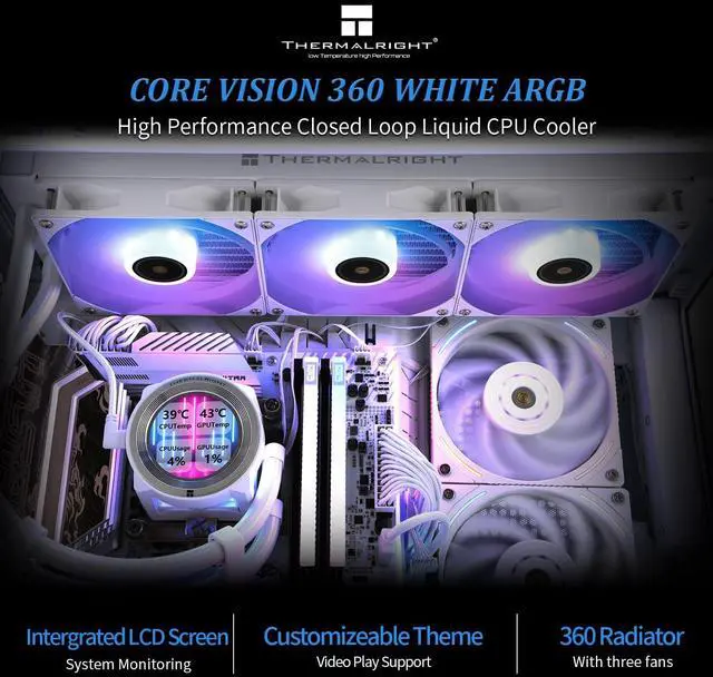 Alt view image 2 of 6 - CORE Vision 360 White ARGB CPU AIO Cooler,IPS LCD Screen with 480 * 480 Resolution,for AM5&Intel 1700/1851,High-Performance 360 Specs Water-Cooled Radiator with 2.1in Removable Display