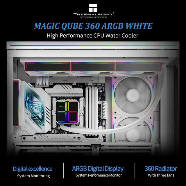 Alt view image 2 of 6 - Magic Qube 360 ARGB White Liquid CPU Cooler,Building Block Fan with 2000RPM,for AM4/AM5,Intel LGA1150/1151/1200/1700/1851,Temperature Controlled Color Changing Digital Screen