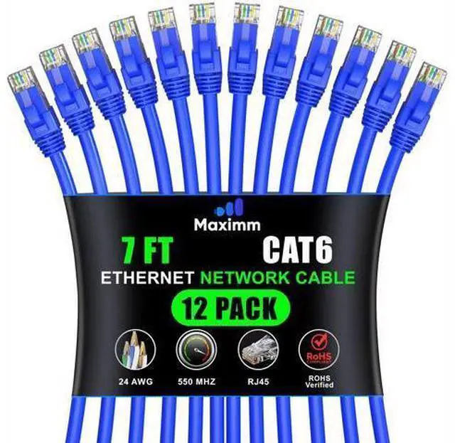Main image of Maximm Cat 6 Ethernet Cable - 7 ft (12-Pack), High-Speed LAN, Internet, Patch, and Network Cable - UTP, 10Gbps, 550MHz - Blue