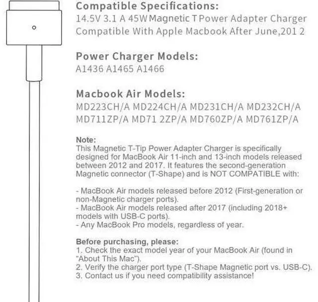 Main image of Mac Book Air Charger AC 45W Magnetic T-Tip Power Adapter Charger Compatible with MacBook Air 11-inch/13-inch (2012-2017)