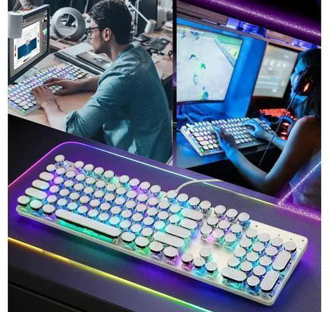 Main image of Typewriter Style Mechanical Gaming Keyboard RGB Backlit Wired with Blue Switch Retro Round Keycap 104 Keys Keyboard (White 104 Keys RGB)