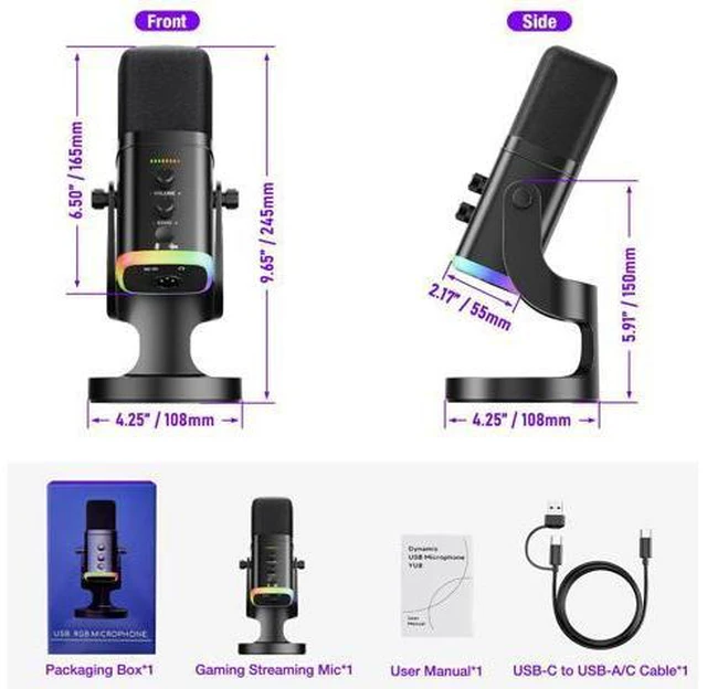 Main image of XLR/USB Dynamic Microphone for Streaming Podcasting, YU8 RGB Light Gaming Streaming Mic with Desktop Stand, Gain Knob, Mute Button, Headphone Jack, PC Gamer Mic w/Echo Control for PS4/PS5