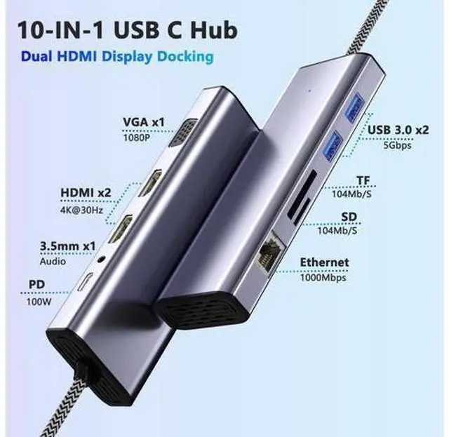 Main image of Docking Station Dual Monitor, USB C to Dual HDMI Adapter, 10 in 1 Laptop Docking Station 3 Monitors with HDMI/VGA/PD/Ethernet/USB/SD/TF/3.5mm Audio