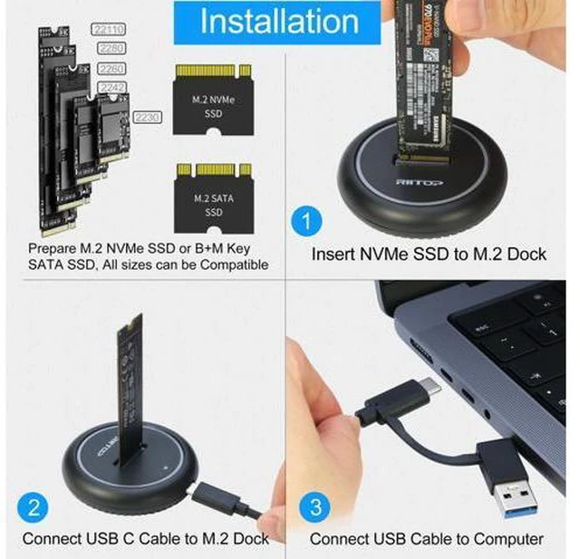 Main image of NVMe to USB Docking Station, RIITOP M.2 SSD Enclosure for Both NVMe and (B+M Key SATA) SSD