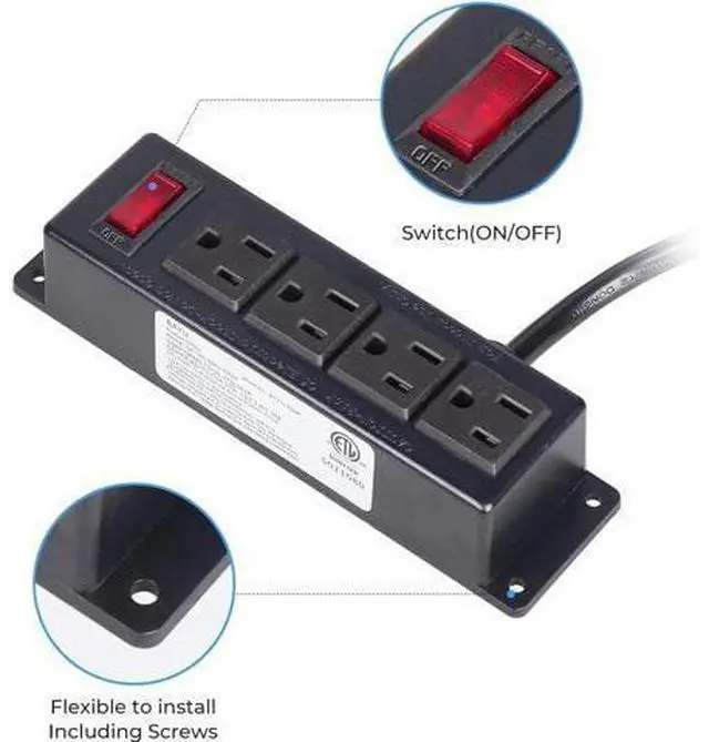 Main image of Mountable Power Strip with 4 Outlet, Wall Mount Under Desk Power Strip with 10ft Cord, Flat Plug Power Socket for Home, Office, Industrial, Black