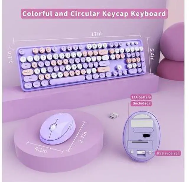 Main image of Wireless Keyboard and Mouse Combo, Ergonomic Full Size Typewriter Retro Round Keycaps Keyboard, Compatible with Windows, PC, Perfer for Home and Office Keyboards (Purple