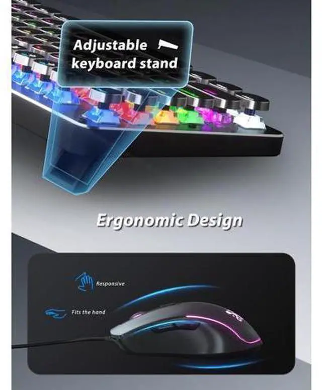 Main image of Typewriter Style Mechanical Gaming Keyboard Blue Switch, Rainbow LED Backlit Wired Computer Keyboards Mouse and Pad Combo, Metal Panel Retro Punk Round Keycaps, 104 Keys Anti-Ghost for PC Laptop Gamer