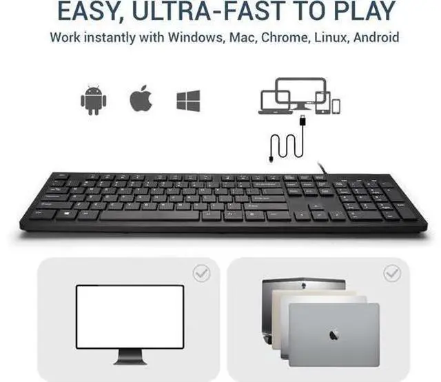 Main image of Computer Keyboard Wired, Plug Play USB , Low Profile Chiclet Keys, Large Number Pad, Caps Indicators, Foldable Stands, Spill-Resistant, Anti-Wear Letters for Windows Mac PC Laptop, Full Size