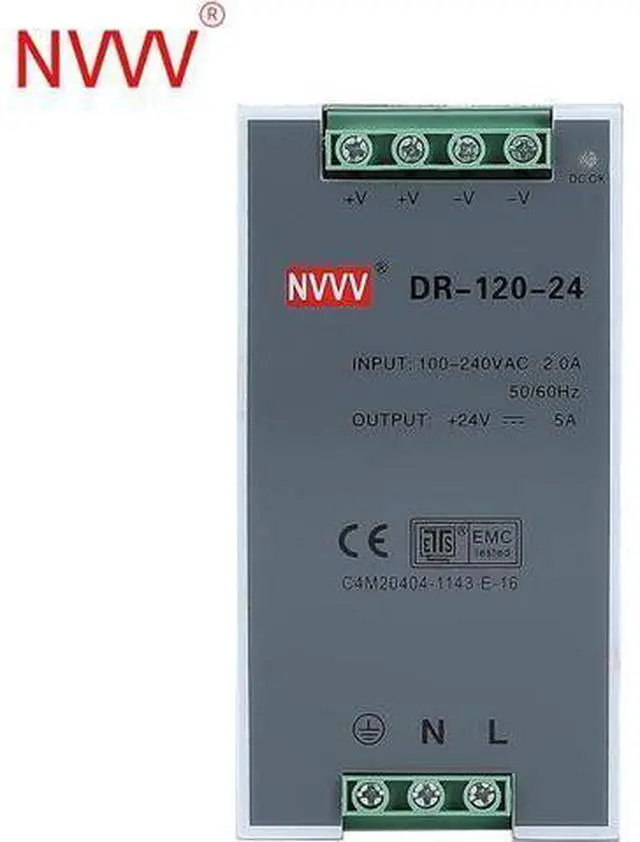 Main image of NVVV DR-120-24 AC to DC DIN-Rail Mount Power Supply, 24V, 5Amp, 120W Single Extreme -30 to 70 °C (-22 to 158 °F) Operating Temp, Overload Protection, Metal
